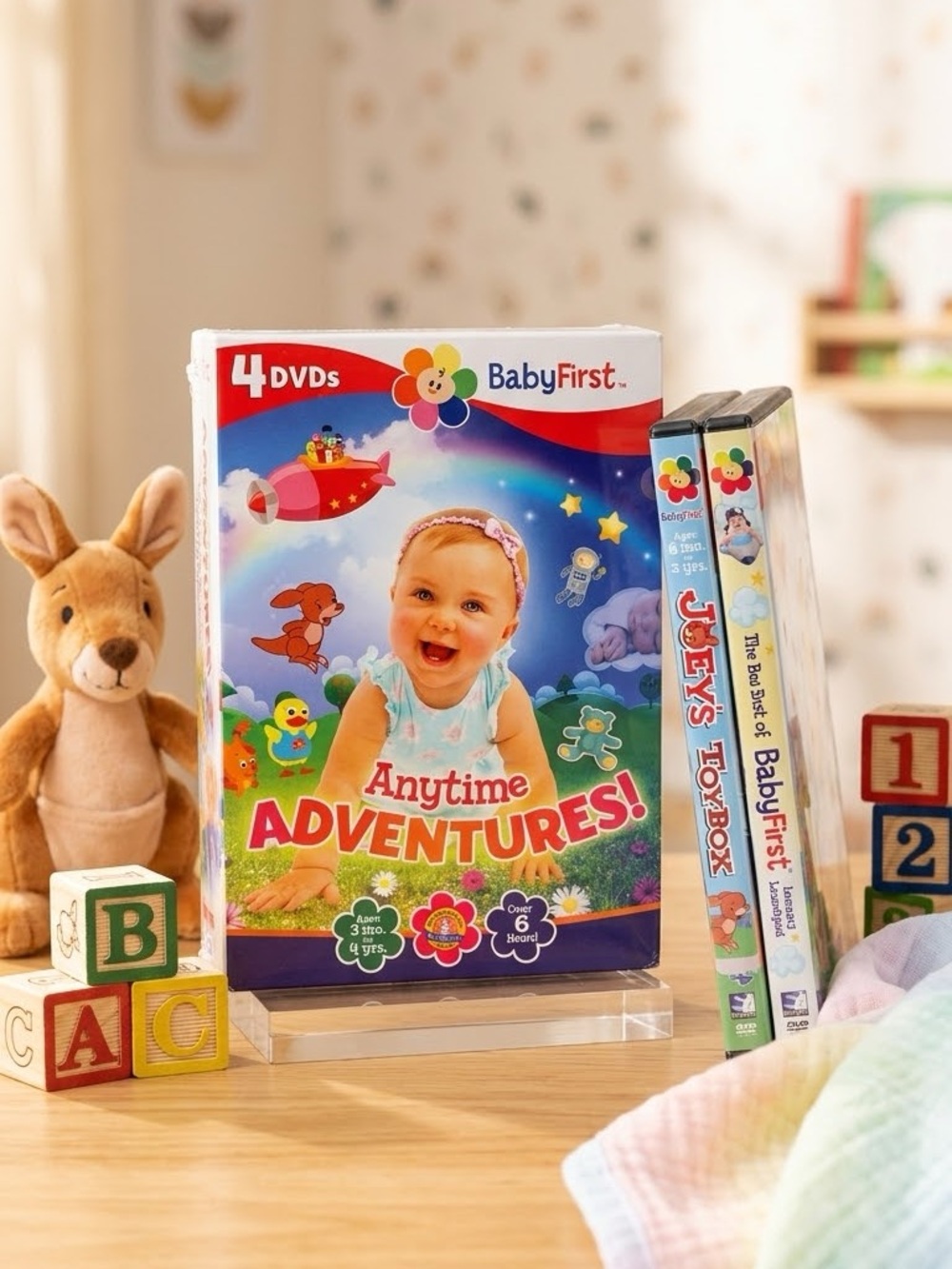 NEW BabyFirst Anytime Adventures 4 DVD Set Joey's Toy Box